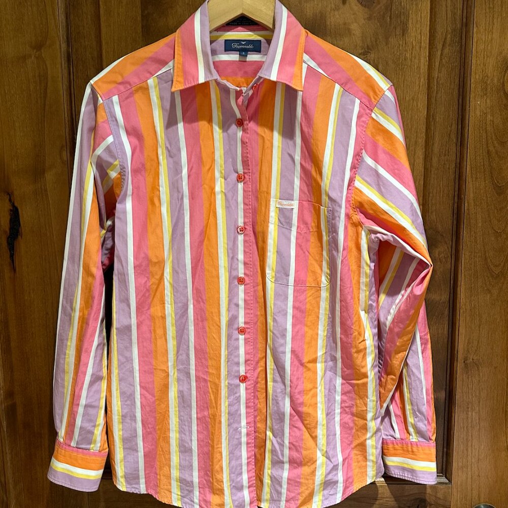 Women's Faconnable Purple/Orange/Pink/White Striped Button Down Blouse Size SM